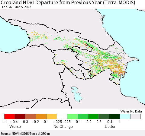 Azerbaijan, Armenia and Georgia Cropland NDVI Departure from Previous Year (Terra-MODIS) Thematic Map For 2/26/2022 - 3/5/2022