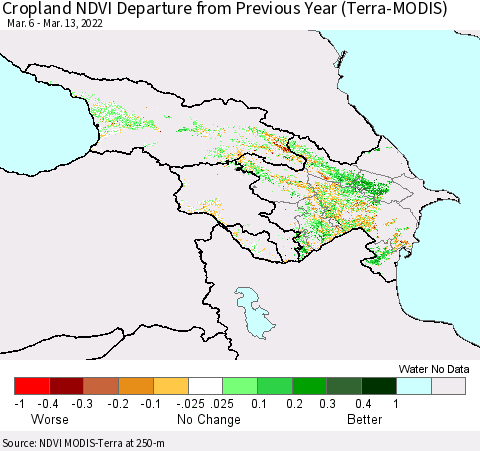 Azerbaijan, Armenia and Georgia Cropland NDVI Departure from Previous Year (Terra-MODIS) Thematic Map For 3/6/2022 - 3/13/2022