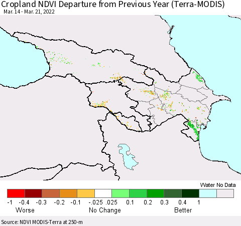 Azerbaijan, Armenia and Georgia Cropland NDVI Departure from Previous Year (Terra-MODIS) Thematic Map For 3/14/2022 - 3/21/2022