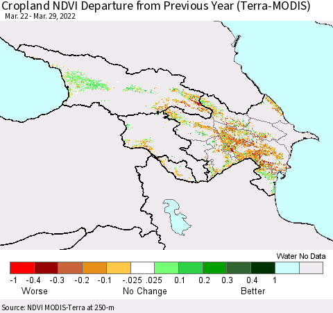 Azerbaijan, Armenia and Georgia Cropland NDVI Departure from Previous Year (Terra-MODIS) Thematic Map For 3/22/2022 - 3/29/2022