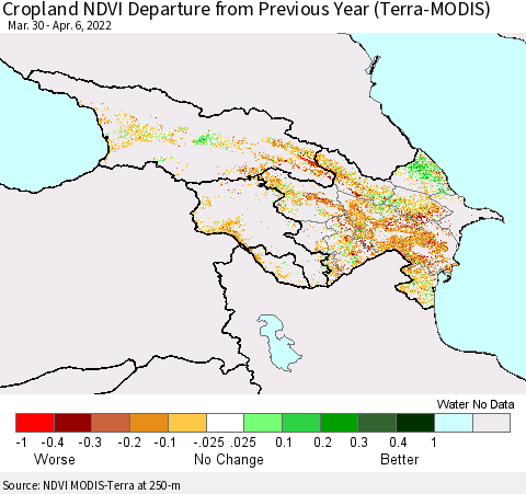 Azerbaijan, Armenia and Georgia Cropland NDVI Departure from Previous Year (Terra-MODIS) Thematic Map For 3/30/2022 - 4/6/2022