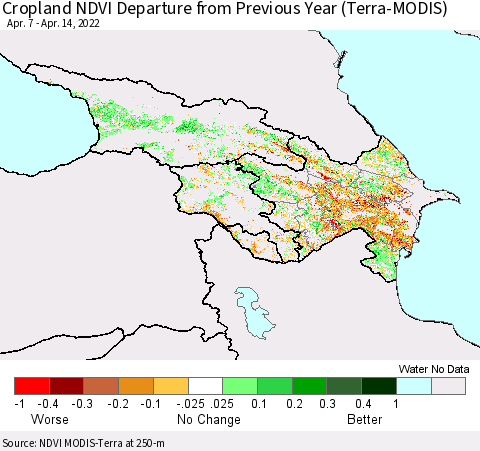 Azerbaijan, Armenia and Georgia Cropland NDVI Departure from Previous Year (Terra-MODIS) Thematic Map For 4/7/2022 - 4/14/2022