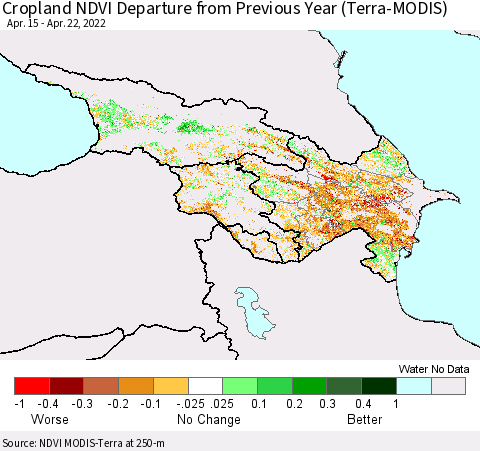 Azerbaijan, Armenia and Georgia Cropland NDVI Departure from Previous Year (Terra-MODIS) Thematic Map For 4/15/2022 - 4/22/2022