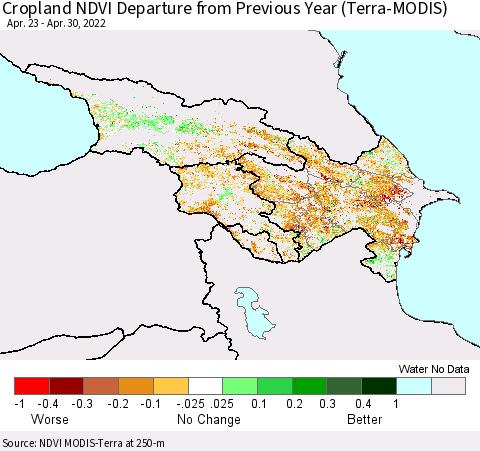 Azerbaijan, Armenia and Georgia Cropland NDVI Departure from Previous Year (Terra-MODIS) Thematic Map For 4/23/2022 - 4/30/2022
