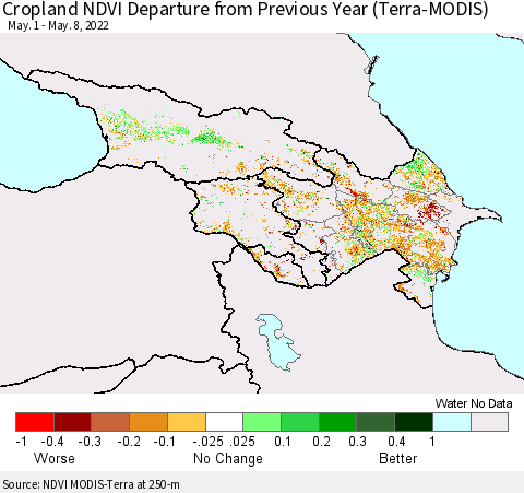 Azerbaijan, Armenia and Georgia Cropland NDVI Departure from Previous Year (Terra-MODIS) Thematic Map For 5/1/2022 - 5/8/2022