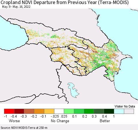 Azerbaijan, Armenia and Georgia Cropland NDVI Departure from Previous Year (Terra-MODIS) Thematic Map For 5/9/2022 - 5/16/2022