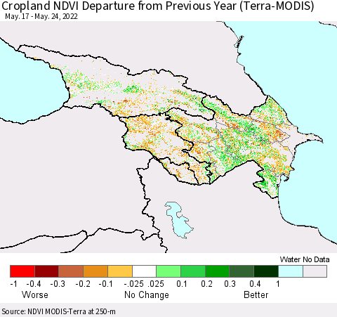 Azerbaijan, Armenia and Georgia Cropland NDVI Departure from Previous Year (Terra-MODIS) Thematic Map For 5/17/2022 - 5/24/2022