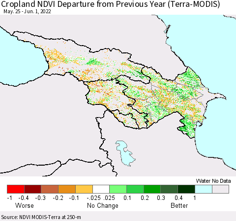 Azerbaijan, Armenia and Georgia Cropland NDVI Departure from Previous Year (Terra-MODIS) Thematic Map For 5/25/2022 - 6/1/2022