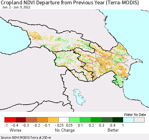 Azerbaijan, Armenia and Georgia Cropland NDVI Departure from Previous Year (Terra-MODIS) Thematic Map For 6/2/2022 - 6/9/2022