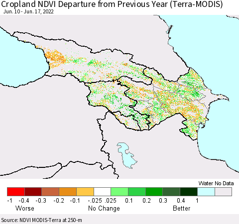 Azerbaijan, Armenia and Georgia Cropland NDVI Departure from Previous Year (Terra-MODIS) Thematic Map For 6/10/2022 - 6/17/2022
