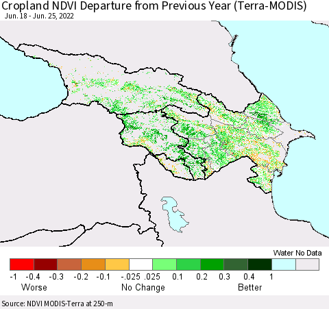 Azerbaijan, Armenia and Georgia Cropland NDVI Departure from Previous Year (Terra-MODIS) Thematic Map For 6/18/2022 - 6/25/2022