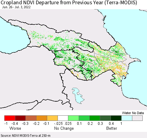 Azerbaijan, Armenia and Georgia Cropland NDVI Departure from Previous Year (Terra-MODIS) Thematic Map For 6/26/2022 - 7/3/2022