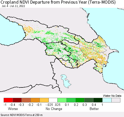 Azerbaijan, Armenia and Georgia Cropland NDVI Departure from Previous Year (Terra-MODIS) Thematic Map For 7/4/2022 - 7/11/2022