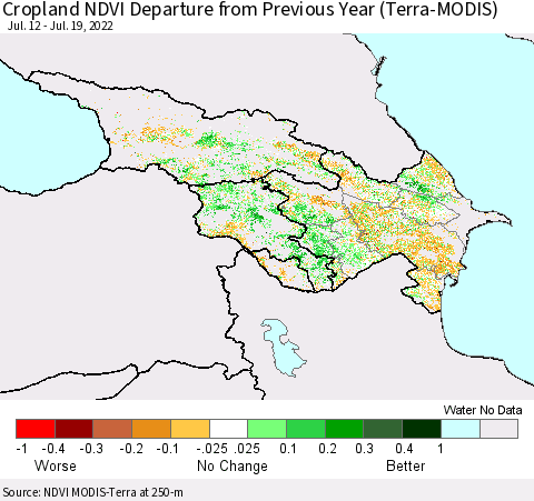 Azerbaijan, Armenia and Georgia Cropland NDVI Departure from Previous Year (Terra-MODIS) Thematic Map For 7/12/2022 - 7/19/2022