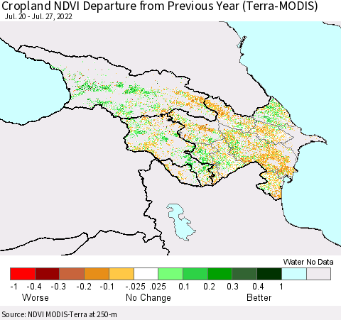 Azerbaijan, Armenia and Georgia Cropland NDVI Departure from Previous Year (Terra-MODIS) Thematic Map For 7/20/2022 - 7/27/2022