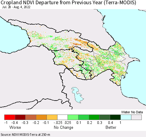 Azerbaijan, Armenia and Georgia Cropland NDVI Departure from Previous Year (Terra-MODIS) Thematic Map For 7/28/2022 - 8/4/2022