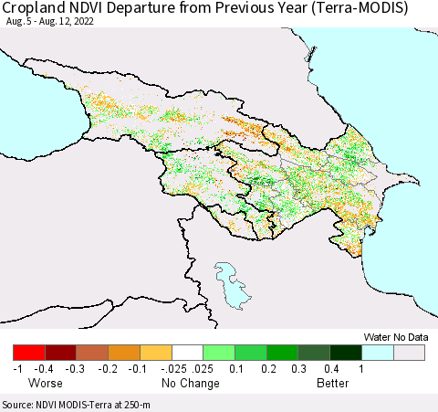Azerbaijan, Armenia and Georgia Cropland NDVI Departure from Previous Year (Terra-MODIS) Thematic Map For 8/5/2022 - 8/12/2022