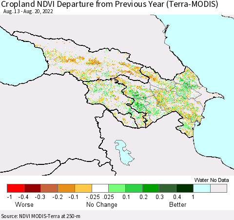 Azerbaijan, Armenia and Georgia Cropland NDVI Departure from Previous Year (Terra-MODIS) Thematic Map For 8/13/2022 - 8/20/2022