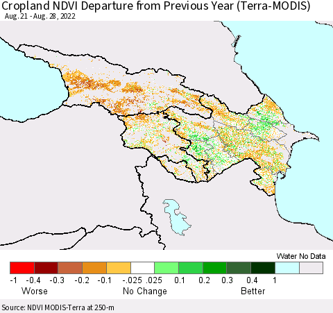Azerbaijan, Armenia and Georgia Cropland NDVI Departure from Previous Year (Terra-MODIS) Thematic Map For 8/21/2022 - 8/28/2022