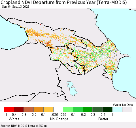Azerbaijan, Armenia and Georgia Cropland NDVI Departure from Previous Year (Terra-MODIS) Thematic Map For 9/6/2022 - 9/13/2022