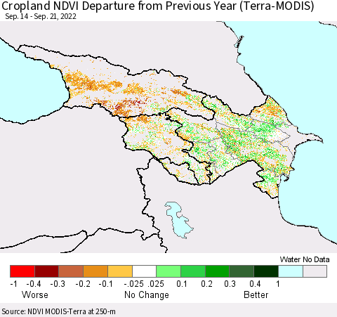 Azerbaijan, Armenia and Georgia Cropland NDVI Departure from Previous Year (Terra-MODIS) Thematic Map For 9/14/2022 - 9/21/2022