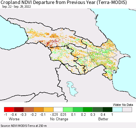Azerbaijan, Armenia and Georgia Cropland NDVI Departure from Previous Year (Terra-MODIS) Thematic Map For 9/22/2022 - 9/29/2022