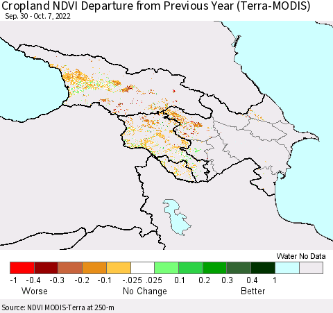 Azerbaijan, Armenia and Georgia Cropland NDVI Departure from Previous Year (Terra-MODIS) Thematic Map For 9/30/2022 - 10/7/2022