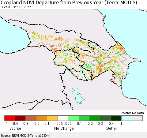 Azerbaijan, Armenia and Georgia Cropland NDVI Departure from Previous Year (Terra-MODIS) Thematic Map For 10/8/2022 - 10/15/2022