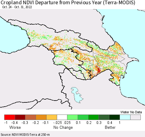 Azerbaijan, Armenia and Georgia Cropland NDVI Departure from Previous Year (Terra-MODIS) Thematic Map For 10/24/2022 - 10/31/2022