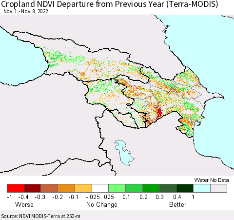 Azerbaijan, Armenia and Georgia Cropland NDVI Departure from Previous Year (Terra-MODIS) Thematic Map For 11/1/2022 - 11/8/2022