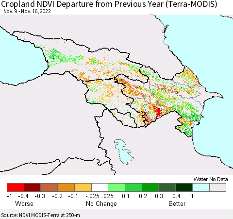 Azerbaijan, Armenia and Georgia Cropland NDVI Departure from Previous Year (Terra-MODIS) Thematic Map For 11/9/2022 - 11/16/2022