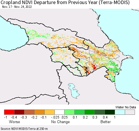 Azerbaijan, Armenia and Georgia Cropland NDVI Departure from Previous Year (Terra-MODIS) Thematic Map For 11/17/2022 - 11/24/2022