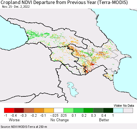 Azerbaijan, Armenia and Georgia Cropland NDVI Departure from Previous Year (Terra-MODIS) Thematic Map For 11/25/2022 - 12/2/2022