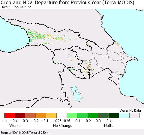 Azerbaijan, Armenia and Georgia Cropland NDVI Departure from Previous Year (Terra-MODIS) Thematic Map For 12/3/2022 - 12/10/2022
