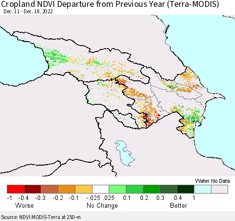 Azerbaijan, Armenia and Georgia Cropland NDVI Departure from Previous Year (Terra-MODIS) Thematic Map For 12/11/2022 - 12/18/2022