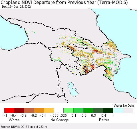 Azerbaijan, Armenia and Georgia Cropland NDVI Departure from Previous Year (Terra-MODIS) Thematic Map For 12/19/2022 - 12/26/2022