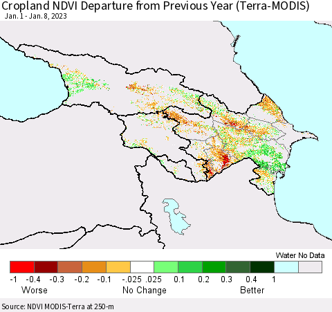Azerbaijan, Armenia and Georgia Cropland NDVI Departure from Previous Year (Terra-MODIS) Thematic Map For 1/1/2023 - 1/8/2023