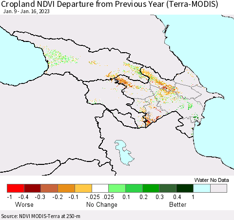 Azerbaijan, Armenia and Georgia Cropland NDVI Departure from Previous Year (Terra-MODIS) Thematic Map For 1/9/2023 - 1/16/2023