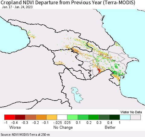 Azerbaijan, Armenia and Georgia Cropland NDVI Departure from Previous Year (Terra-MODIS) Thematic Map For 1/17/2023 - 1/24/2023