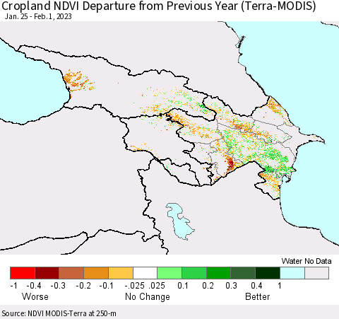 Azerbaijan, Armenia and Georgia Cropland NDVI Departure from Previous Year (Terra-MODIS) Thematic Map For 1/25/2023 - 2/1/2023