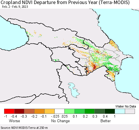 Azerbaijan, Armenia and Georgia Cropland NDVI Departure from Previous Year (Terra-MODIS) Thematic Map For 2/2/2023 - 2/9/2023