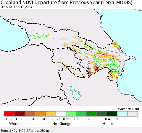 Azerbaijan, Armenia and Georgia Cropland NDVI Departure from Previous Year (Terra-MODIS) Thematic Map For 2/10/2023 - 2/17/2023