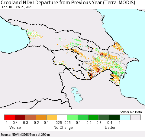 Azerbaijan, Armenia and Georgia Cropland NDVI Departure from Previous Year (Terra-MODIS) Thematic Map For 2/18/2023 - 2/25/2023