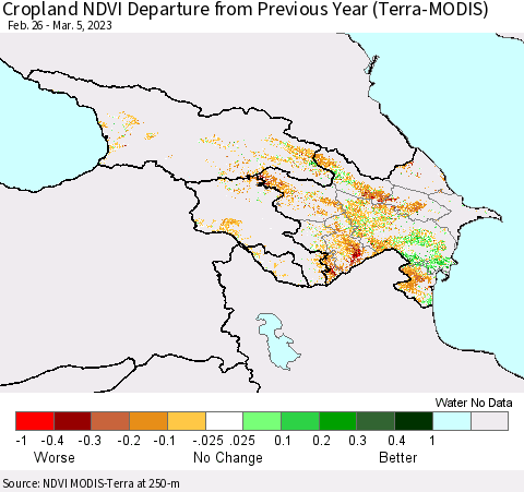 Azerbaijan, Armenia and Georgia Cropland NDVI Departure from Previous Year (Terra-MODIS) Thematic Map For 2/26/2023 - 3/5/2023