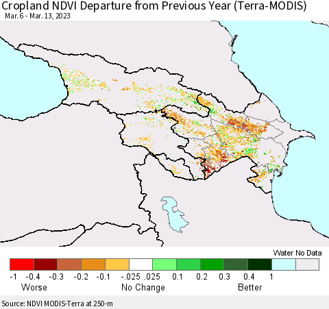 Azerbaijan, Armenia and Georgia Cropland NDVI Departure from Previous Year (Terra-MODIS) Thematic Map For 3/6/2023 - 3/13/2023