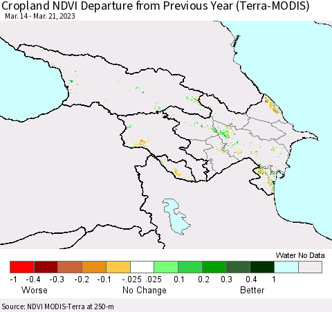 Azerbaijan, Armenia and Georgia Cropland NDVI Departure from Previous Year (Terra-MODIS) Thematic Map For 3/14/2023 - 3/21/2023