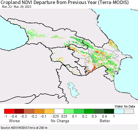 Azerbaijan, Armenia and Georgia Cropland NDVI Departure from Previous Year (Terra-MODIS) Thematic Map For 3/22/2023 - 3/29/2023