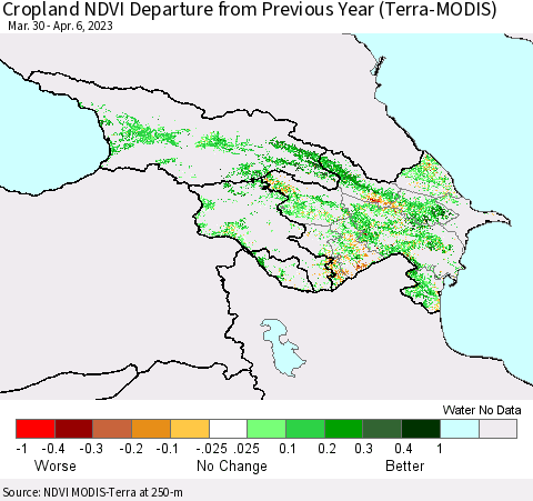 Azerbaijan, Armenia and Georgia Cropland NDVI Departure from Previous Year (Terra-MODIS) Thematic Map For 3/30/2023 - 4/6/2023