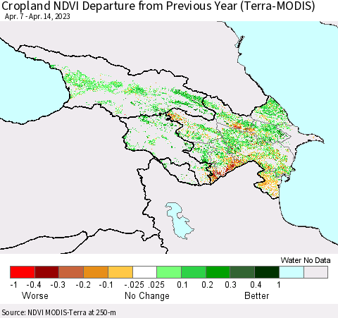 Azerbaijan, Armenia and Georgia Cropland NDVI Departure from Previous Year (Terra-MODIS) Thematic Map For 4/7/2023 - 4/14/2023