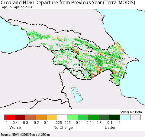 Azerbaijan, Armenia and Georgia Cropland NDVI Departure from Previous Year (Terra-MODIS) Thematic Map For 4/15/2023 - 4/22/2023
